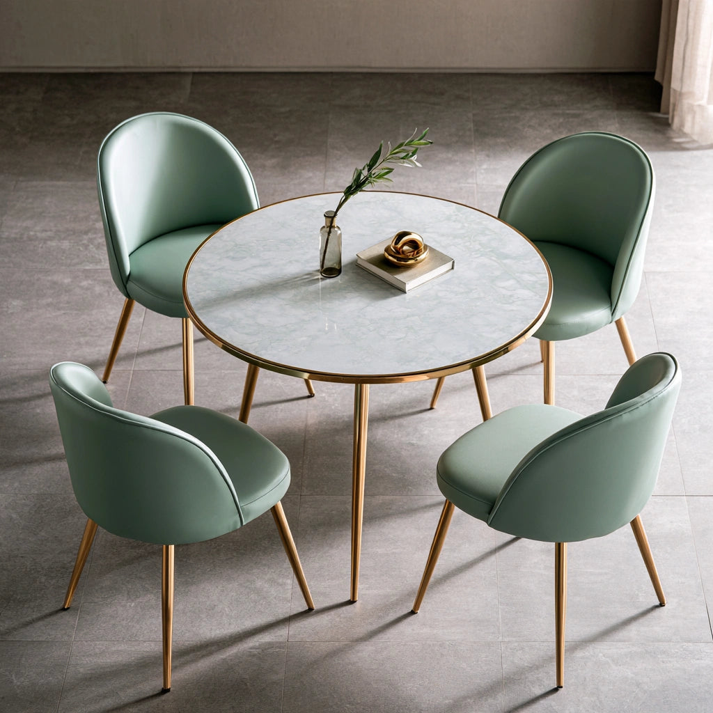 Tavolino rotondo effetto marmo, colore dorato e bianco